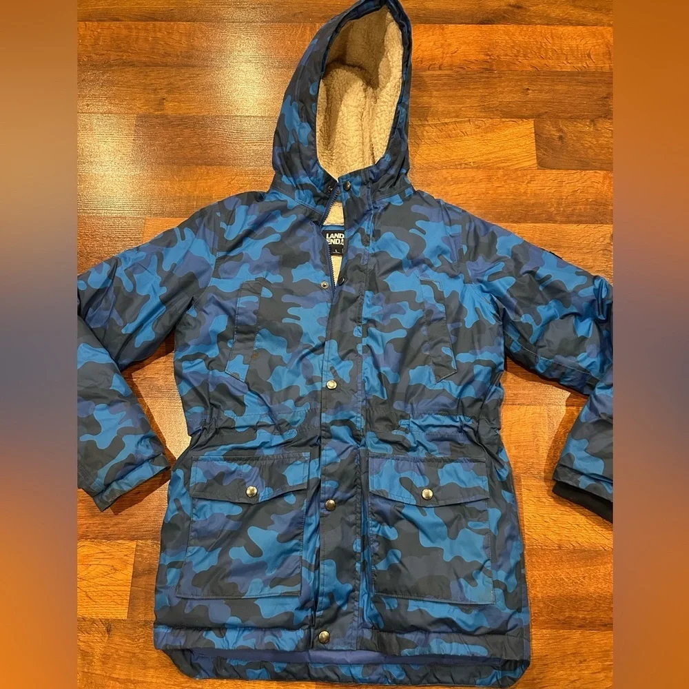 Lands End Kids Expedition Down Winter Parka Jacket Blue Camouflage Large 14/16